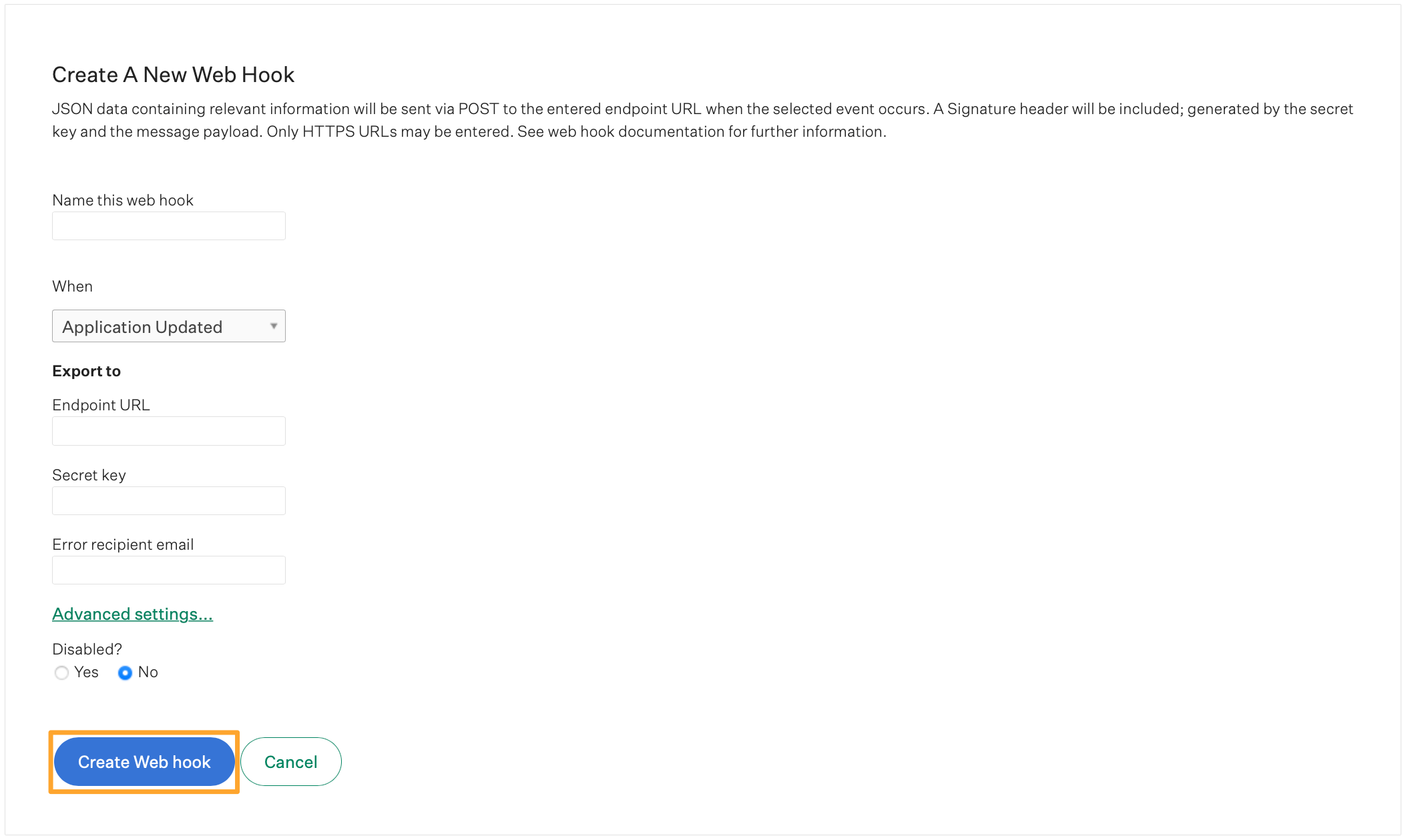Create A New Web Hook form